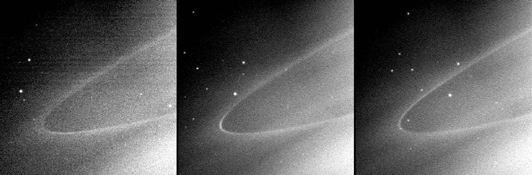 This sequence of images shows a faint arc of material in Saturn's G ring