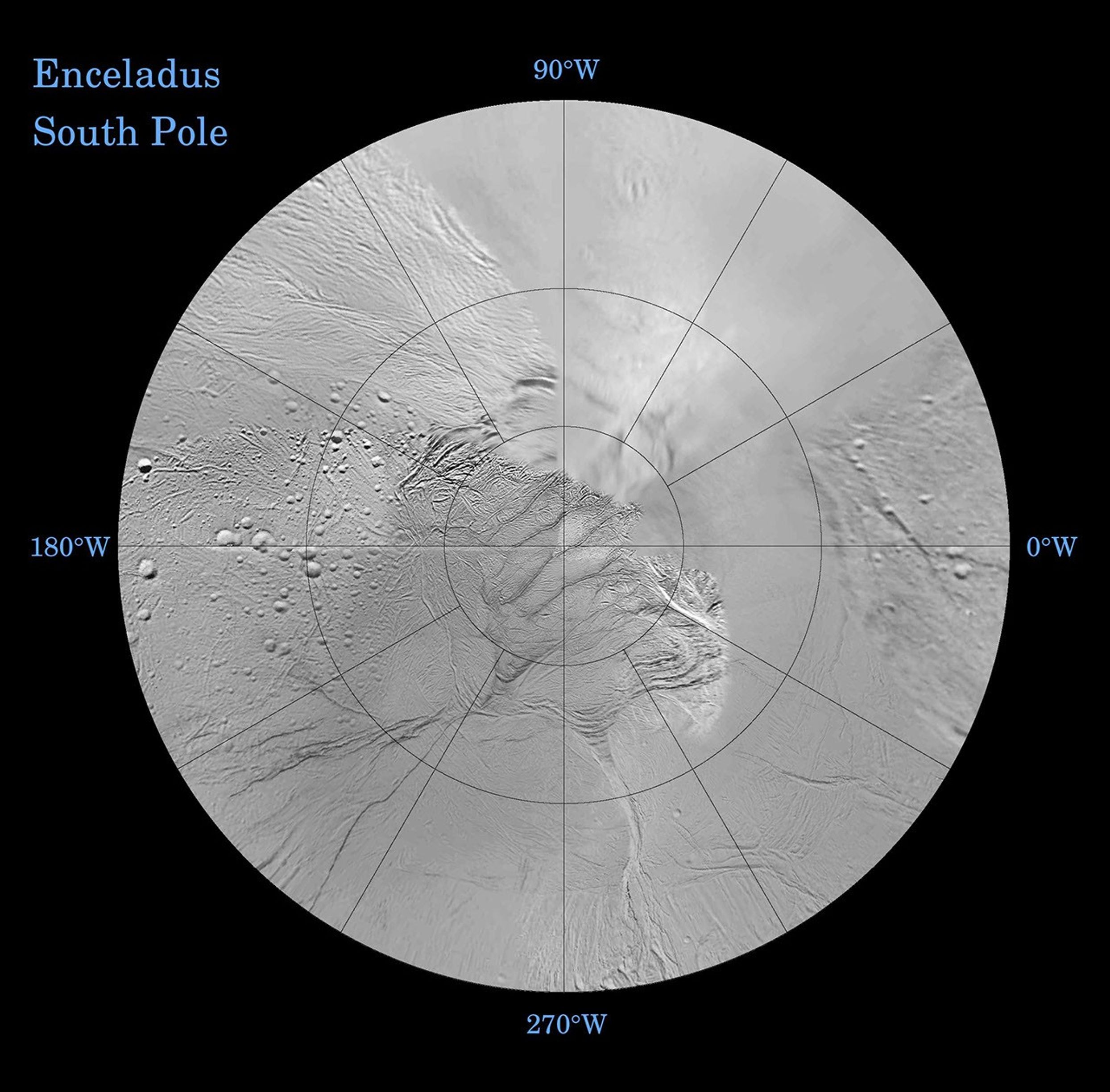 The southern hemisphere of Enceladus is seen in this polar stereographic map, mosaicked from the best-available Cassini and Voyager clear-filter images
