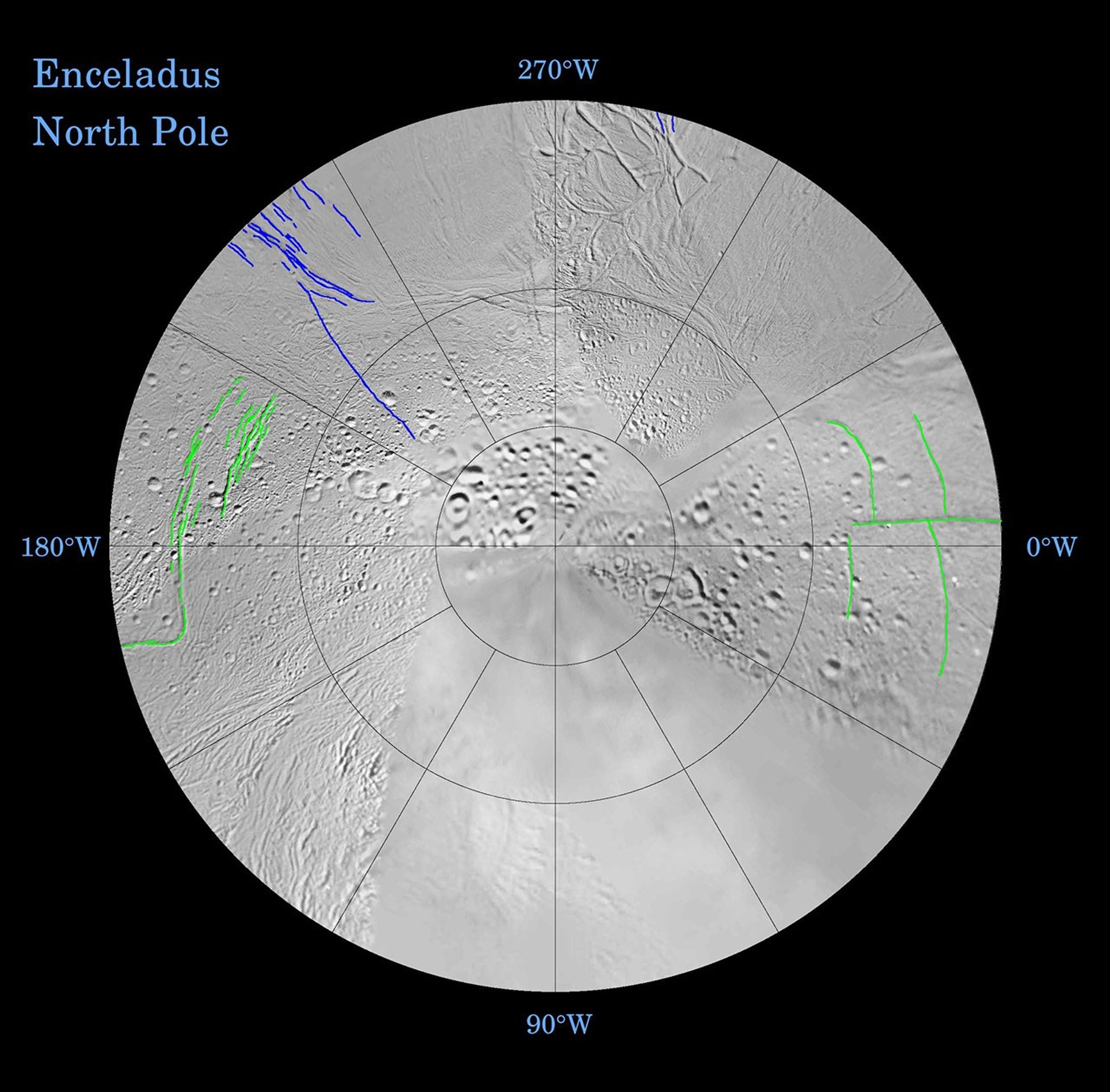This map is a polar stereographic projection that was mosaicked from the best-available Cassini and Voyager clear-filter images.