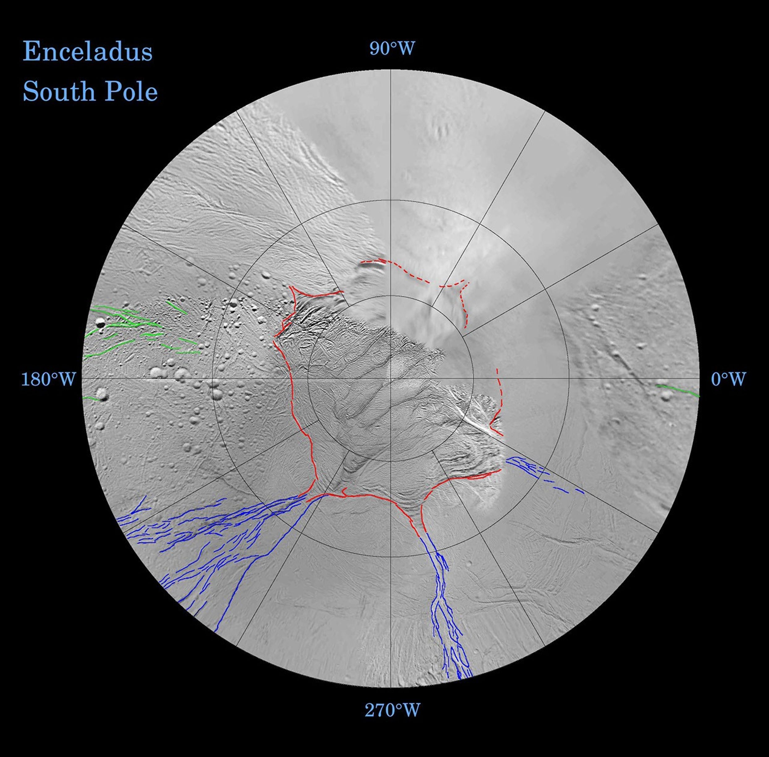 This map is a polar stereographic projection that was mosaicked from the best-available Cassini and Voyager clear-filter images.