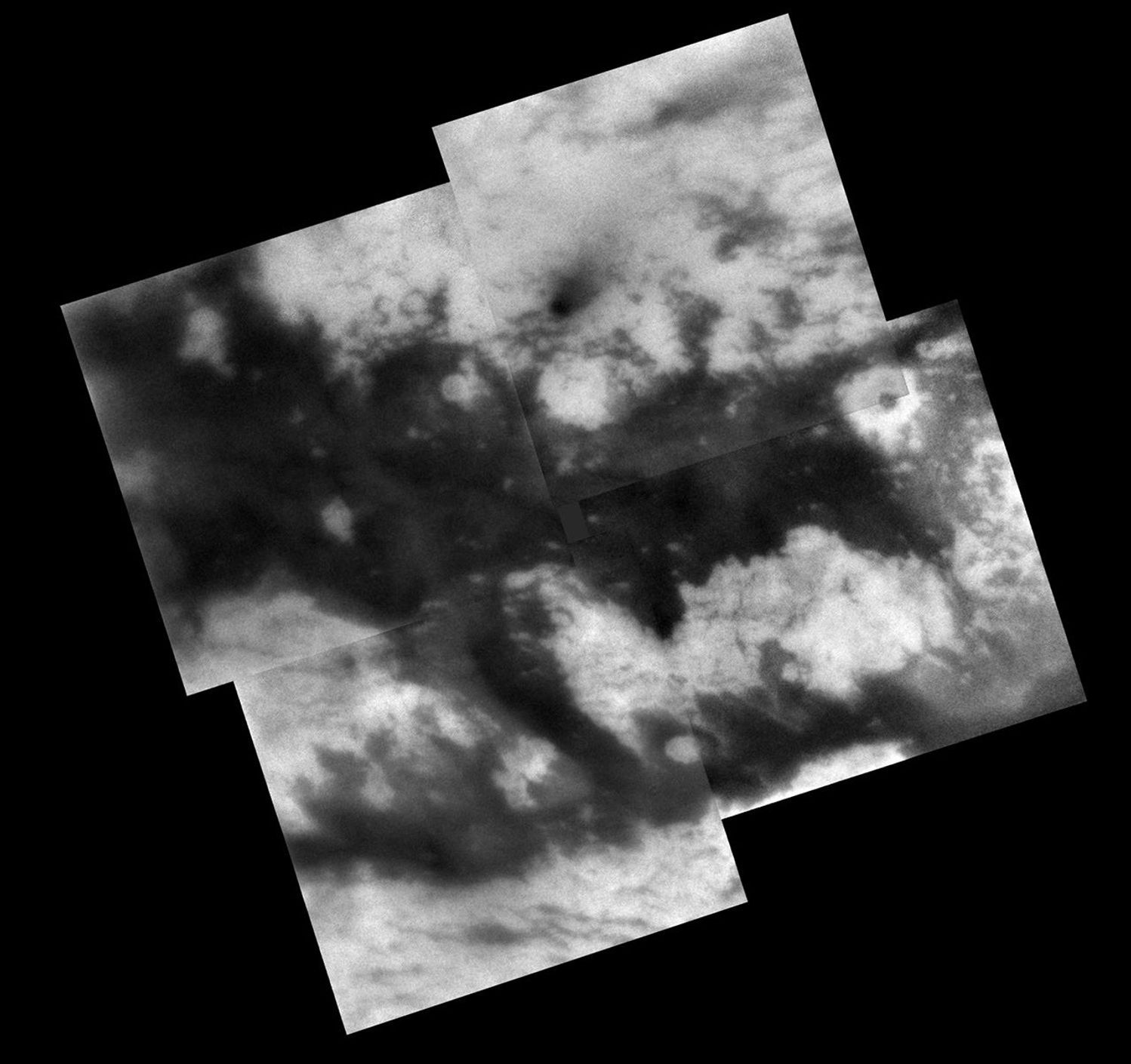 This mosaic shows territory on Titan's Saturn-facing hemisphere.