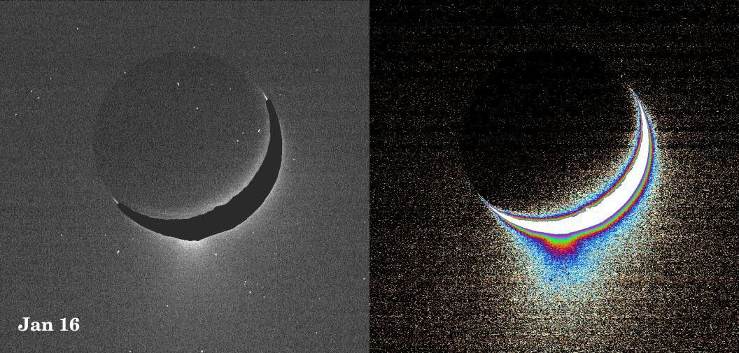 Two views of Enceladus: left shows 'natural' color; right shows a color-coded version