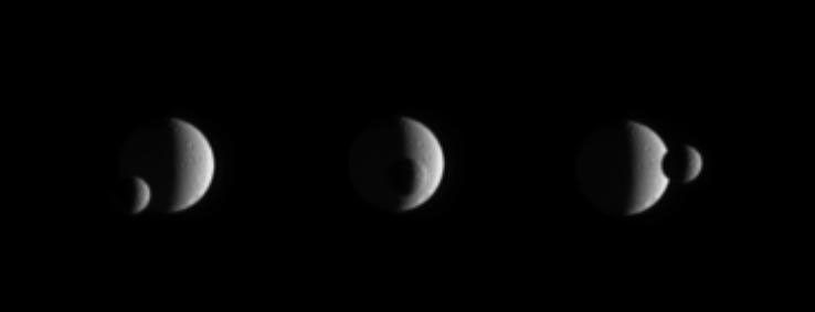 Three views of Mimas and Tethys as Mimas passes in front