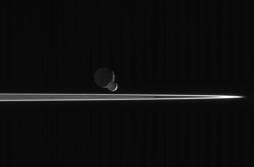 Pairing of two moons (Enceladus and Dione) beyond the rings