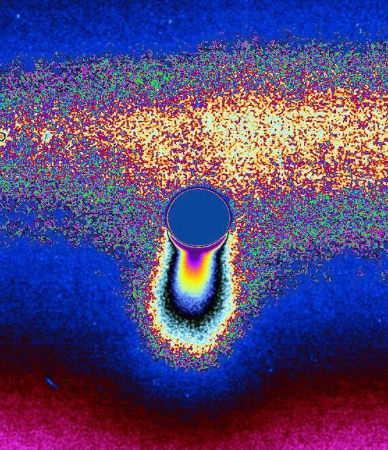 A color-coded image of Enceladus