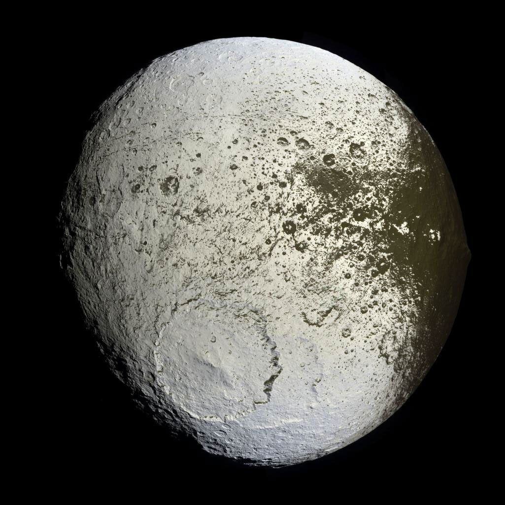 This false-color mosaic shows the entire hemisphere of Iapetus