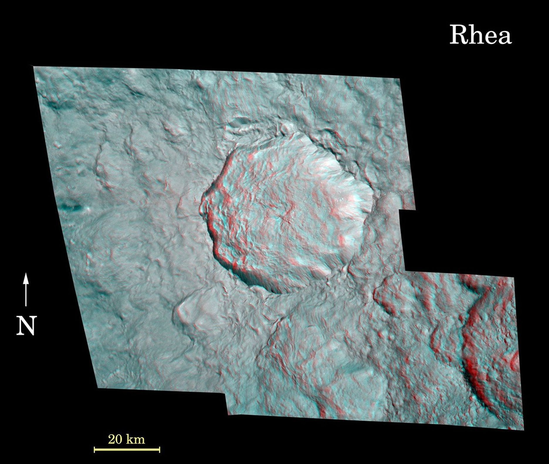 Rhea's surface in a stereo image