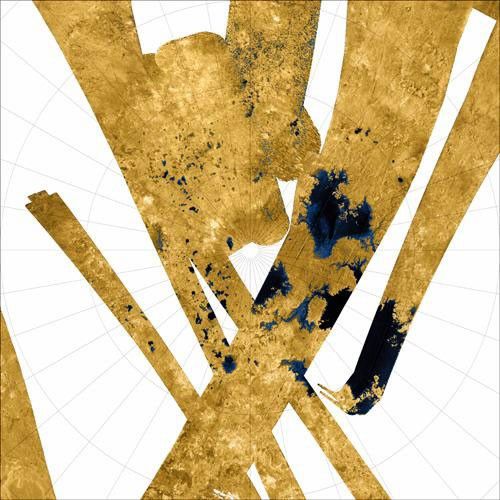 False-color mosaic showing all synthetic-aperture radar images to date of Titan's north polar region.