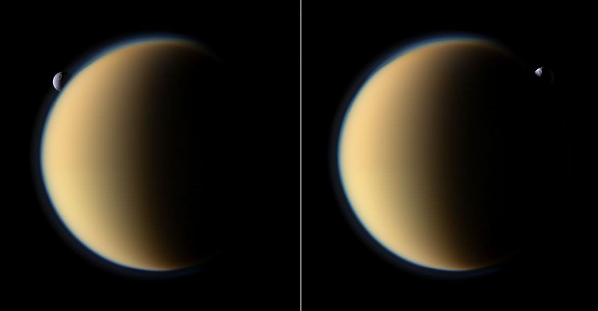 (Left) Tethys slips behind Titan and then emerges on the other side (right image).