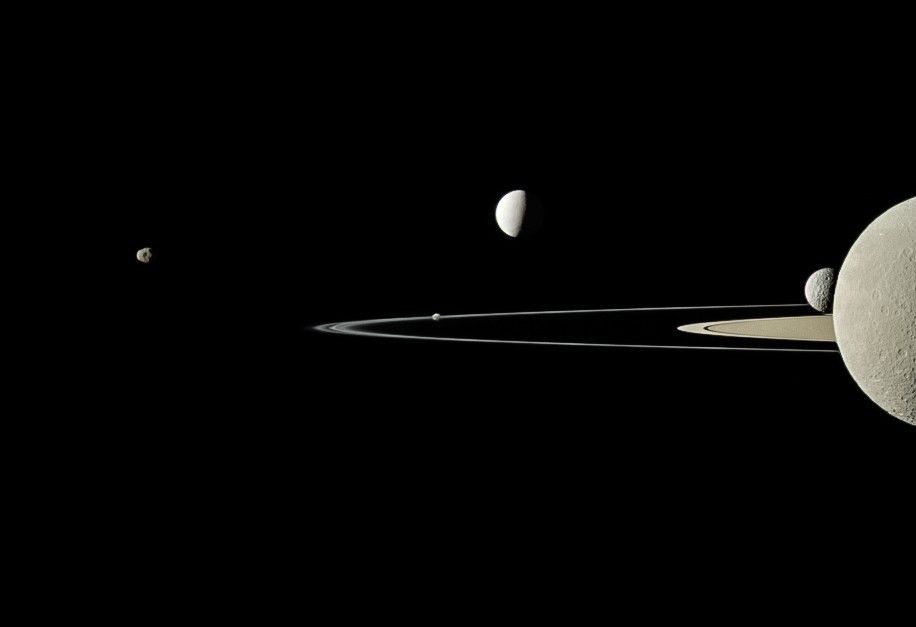 Saturn and Janus, Pandora, Enceladus, Rhea and Mimas