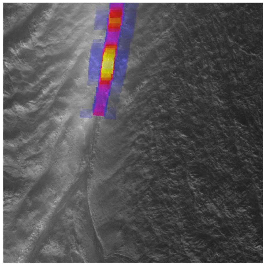 Heat intensity map for the hottest part of a 'tiger stripe' fissure on Enceladus