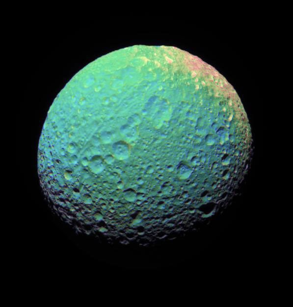 Saturn's moon Mimas, extreme-false color view