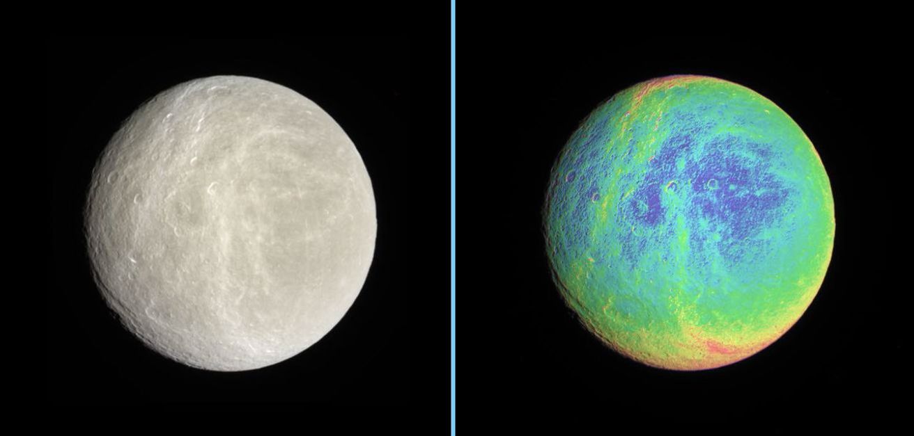 Rhea in natural color and false-color