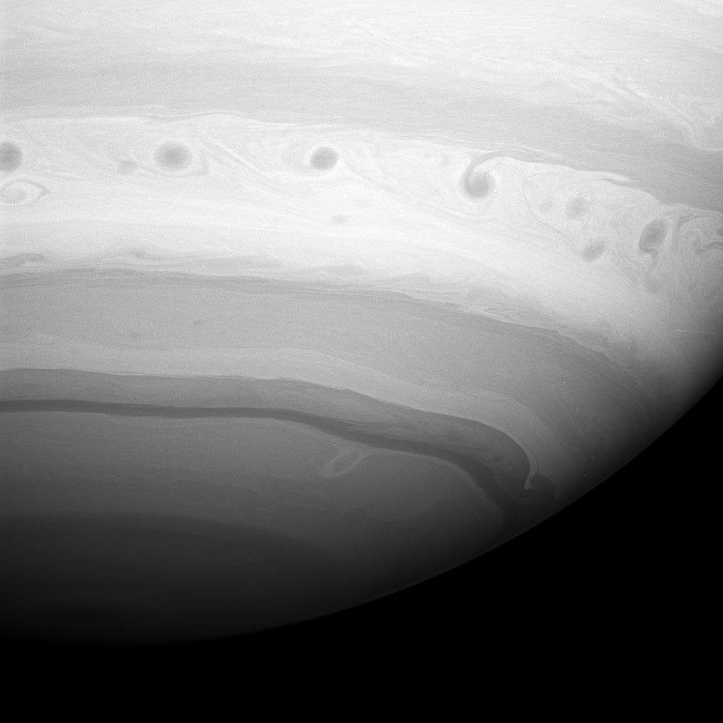 A line of dark vortices charge through Saturn's "Storm Alley"