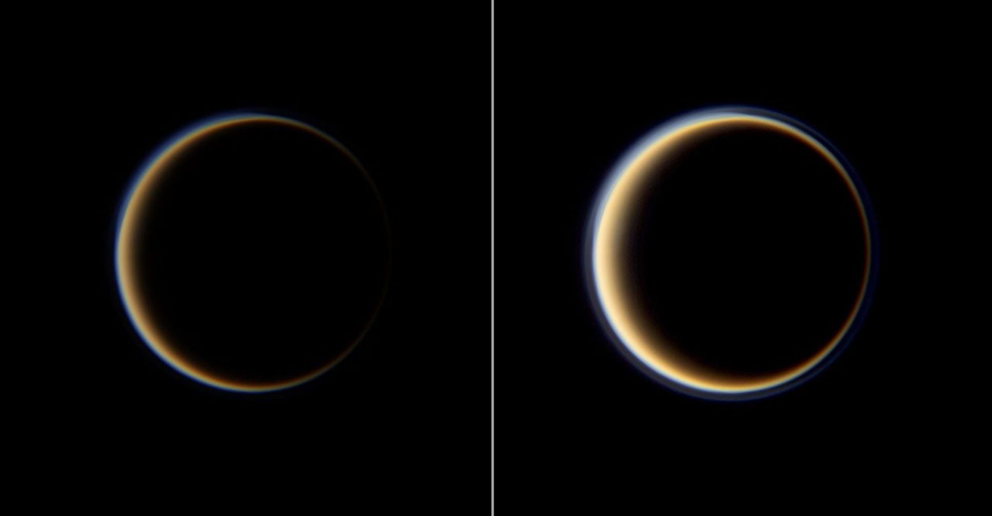 Two views of the Saturn-facing side of Titan