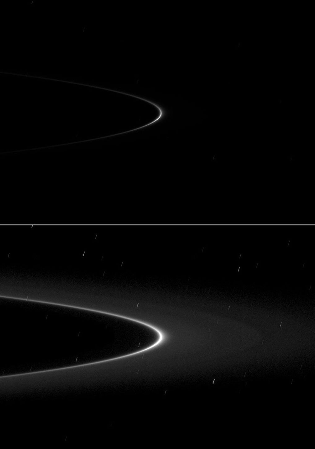 A small moonlet is just visible as a short streak near the ansa of the G ring arc in the top of two versions of the same image.