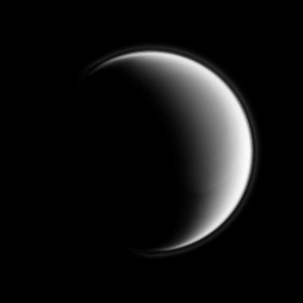 The Cassini spacecraft looks down on Titan's north pole and unveils the moon's upper-most atmospheric hazes