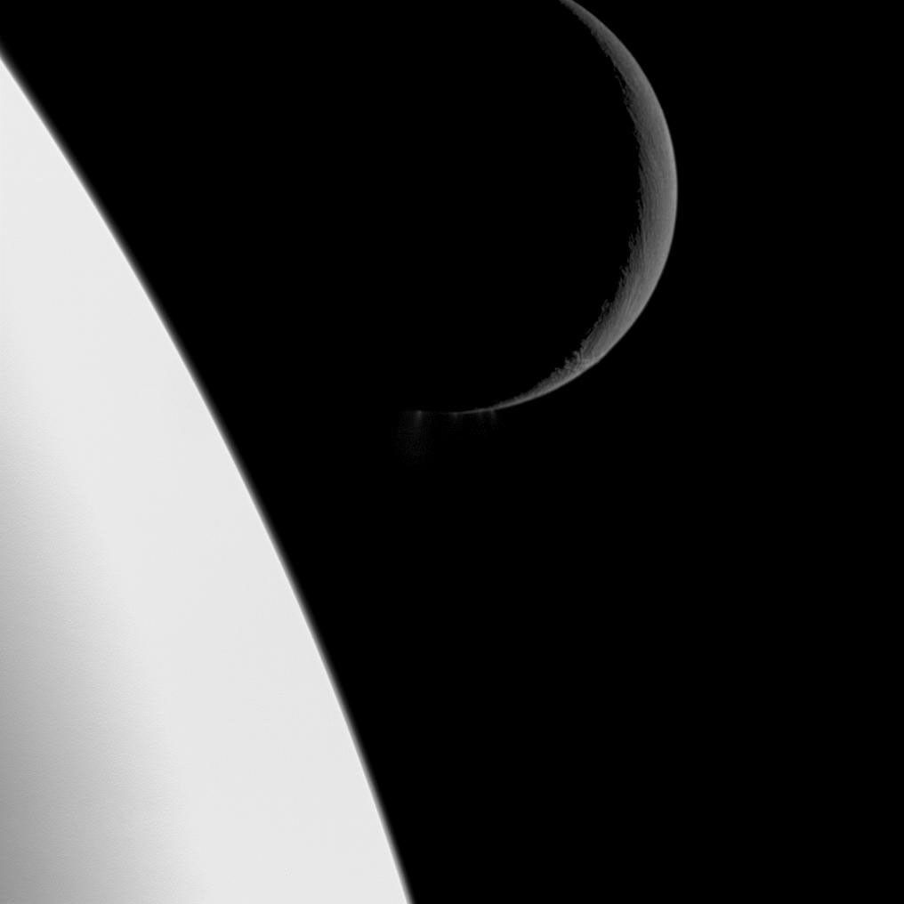 Plumes of water ice spew out from the famed fractures known as "tiger stripes" near the south pole of Enceladus.