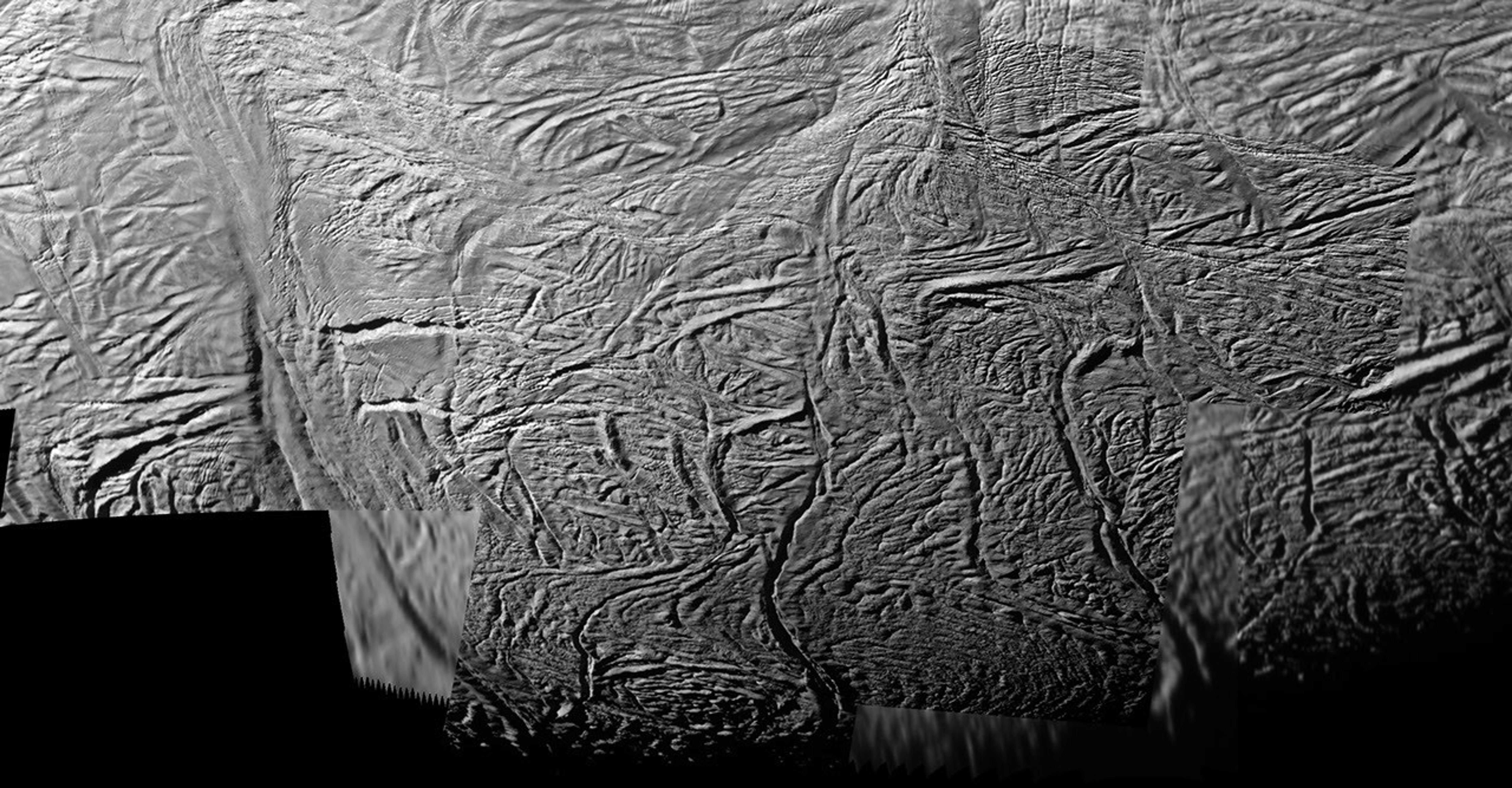 This mosaic shows extraordinary details of tectonic deformation in the fractured south polar region of Saturn’s moon Enceladus, where jets of water ice spray outward to form Saturn's E ring.