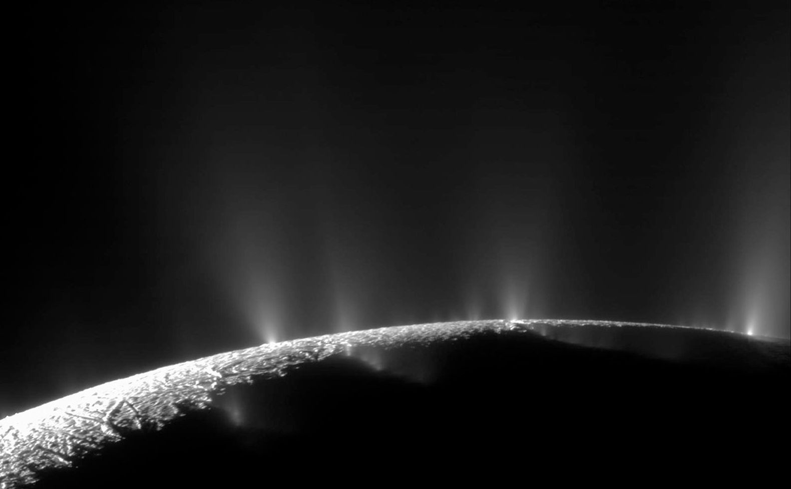 Dramatic plumes, both large and small, spray water ice out from many locations along the famed "tiger stripes" near the south pole of Saturn's moon Enceladus.