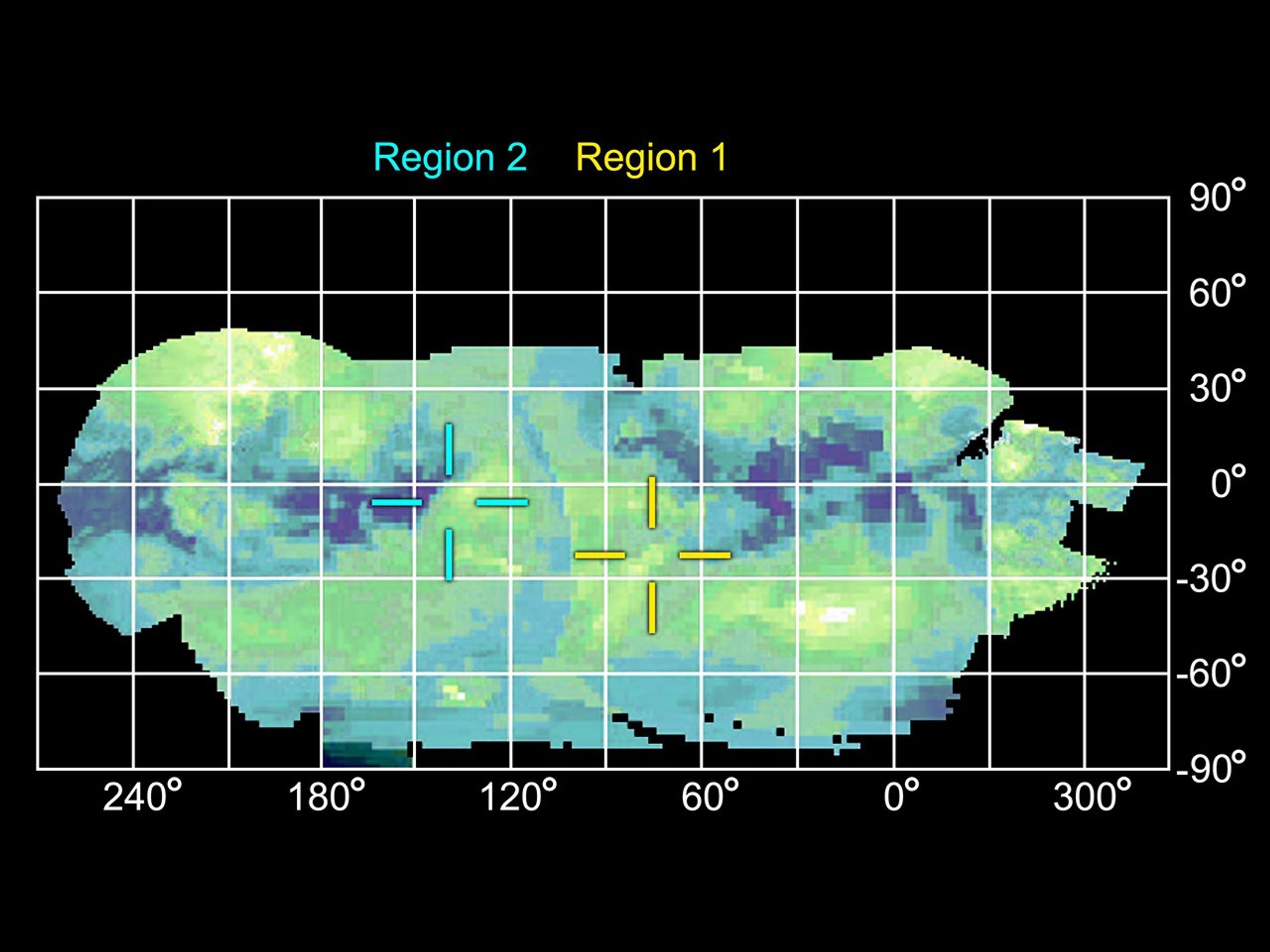 This infrared projection map of Titan was composed from images taken by NASA's Cassini spacecraft, visual and infrared mapping spectrometer.
