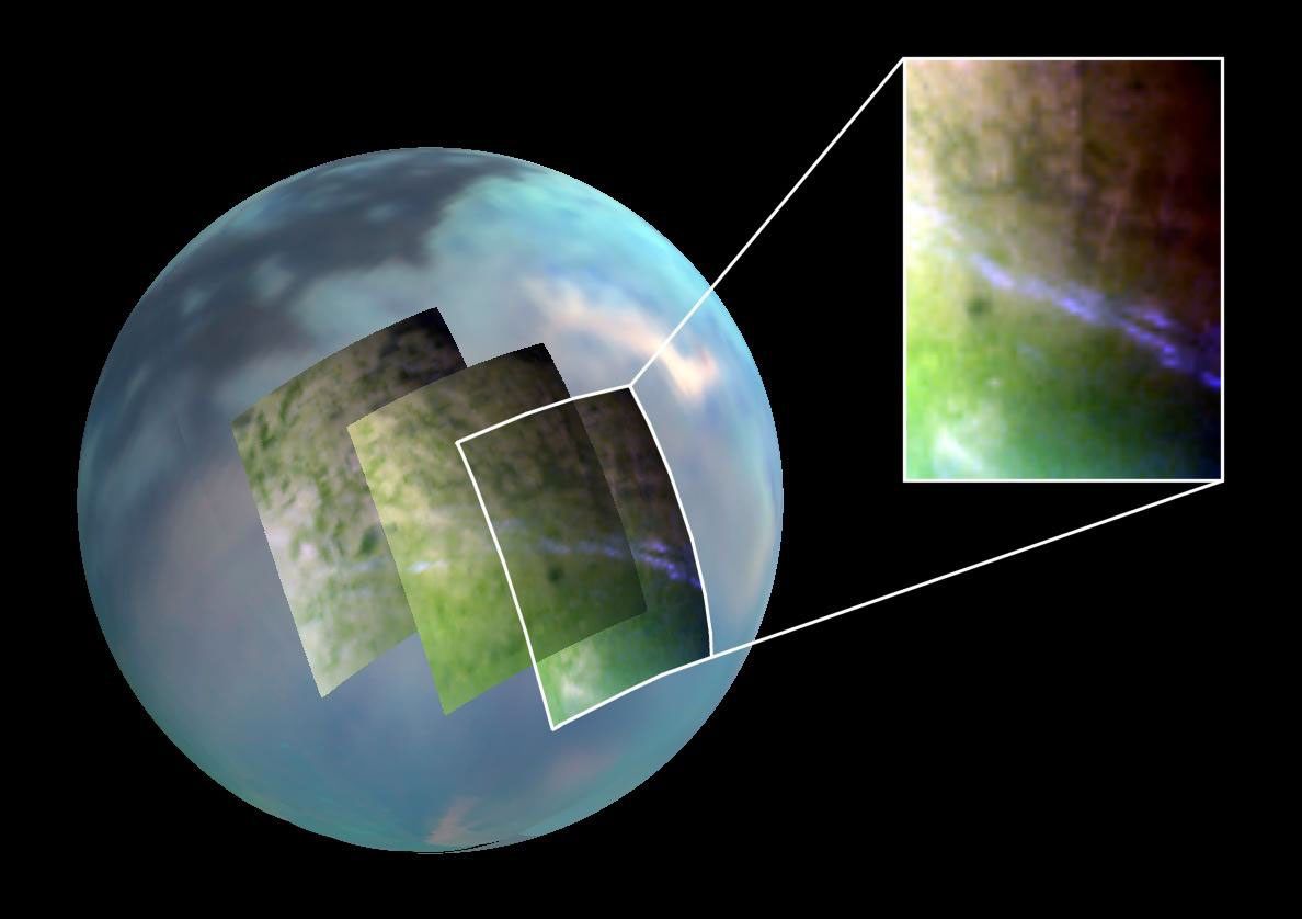Three false-color images make up this mosaic view of Titan and show the clouds at 40 to 50 degrees mid-latitude.