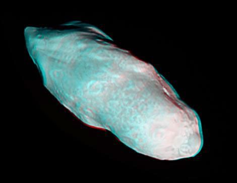 Saturn's potato-shaped moon Prometheus is rendered in three dimensions in this close-up from Cassini.