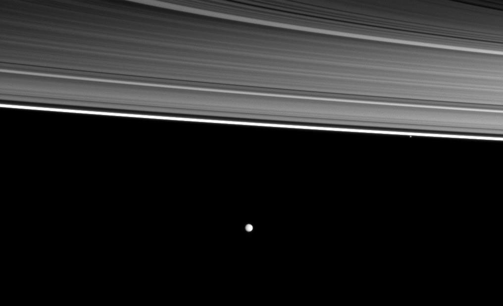 Pandora and Enceladus orbit beyond four of the planet's rings