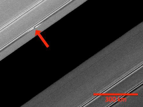 A propeller-shaped structure created by an unseen moon is brightly illuminated on the sunlit side of Saturn's rings in this image obtained by NASA’s Cassini spacecraft.