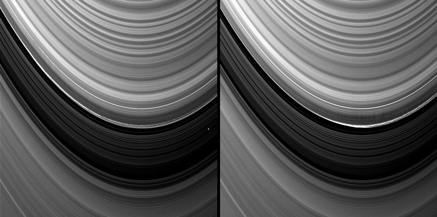 Vertical structures in the variable outer edge of Saturn's B ring cast shadows in these two images captured by NASA's Cassini spacecraft shortly after the planet's August 2009 northern vernal equinox.