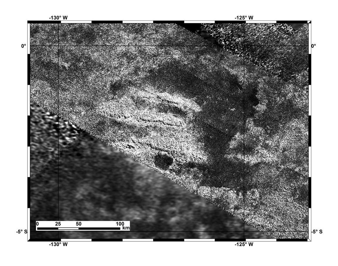 This mosaic shows parallel mountain chains on Titan.