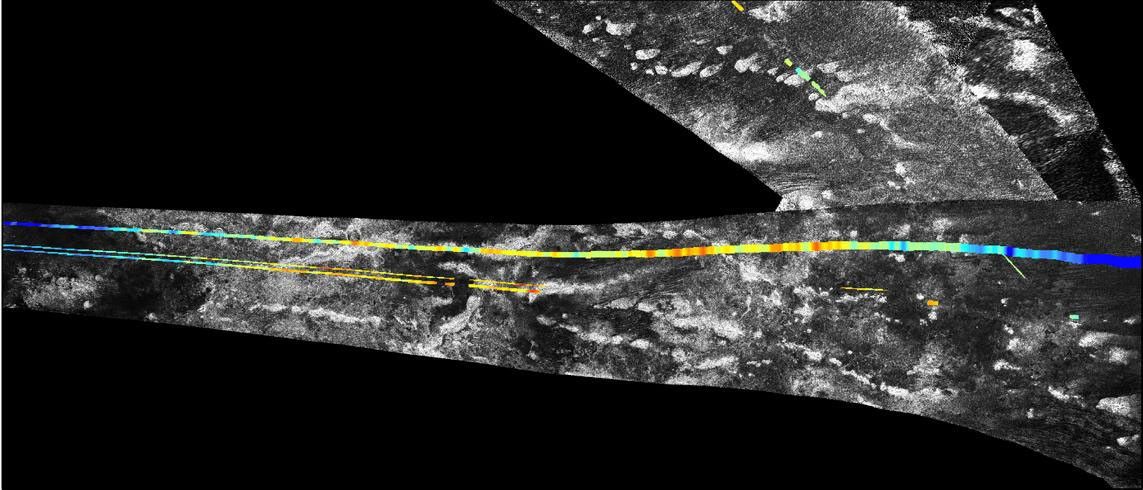 This mosaic shows parallel mountain chains on Titan near Adiri