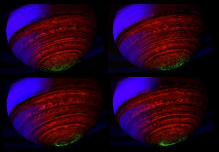 Four false-color, composite images showing Saturn's southern lights