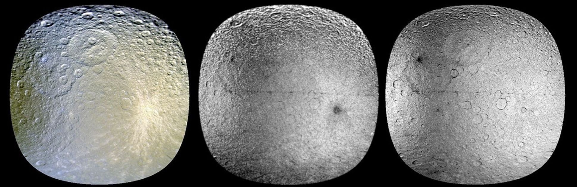 These three views of Saturn's moon Rhea were made from data obtained by NASA's Cassini spacecraft, enhanced to show colorful splotches and bands on the icy moon's surface.