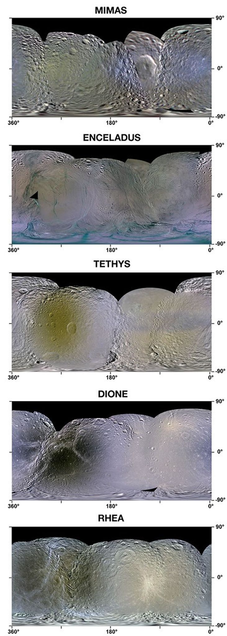 This set of enhanced-color maps made from data obtained by NASA's Cassini spacecraft show Saturn's moons Mimas, Enceladus, Tethys, Dione and Rhea.
