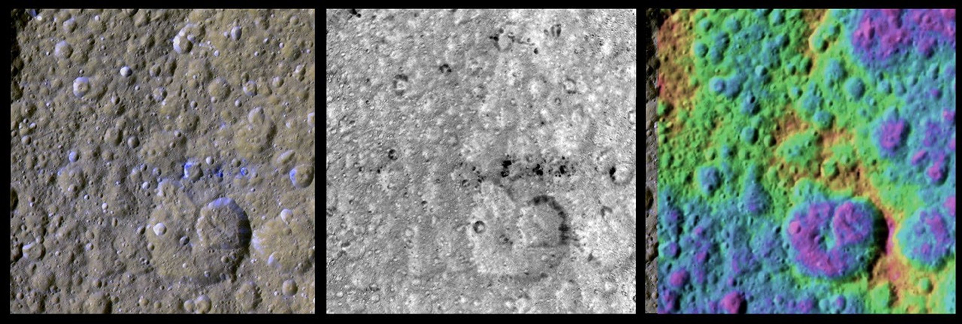 These three enhanced-color views of an equatorial region on Saturn’s moon Rhea were made from data obtained by NASA’s Cassini spacecraft.