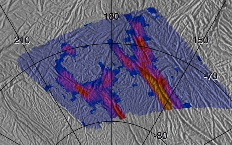 Heat intensity map of part of the south polar region of Enceladus