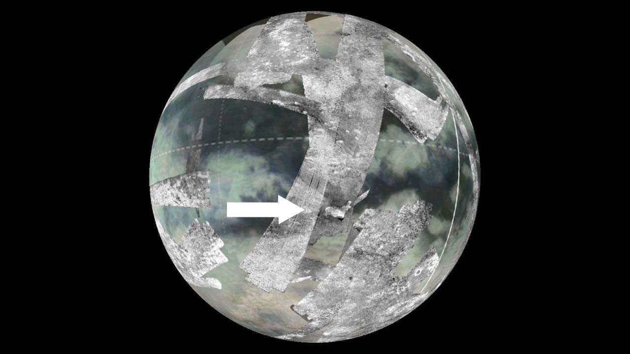 This image shows the location of an area known as Sotra Facula on Saturn’s moon Titan.