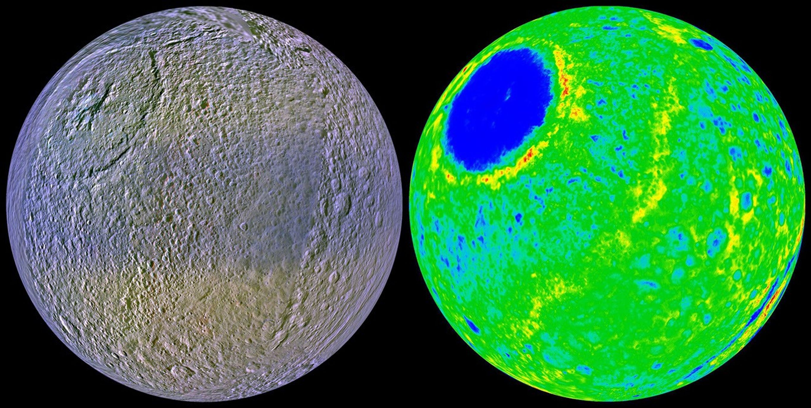 These two views of Tethys show the high-resolution color (at left) and the topography (at right) of the leading, or forward-facing, hemisphere of this 1060-kilometer-diameter (659-mile-diameter) ice-rich satellite.