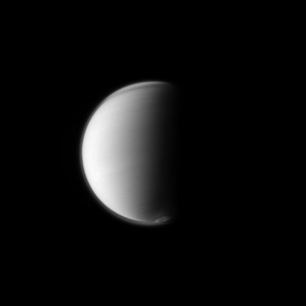 The Cassini spacecraft monitors Titan's developing south polar vortex, which is a mass of swirling gas around the pole in the atmosphere of the moon.