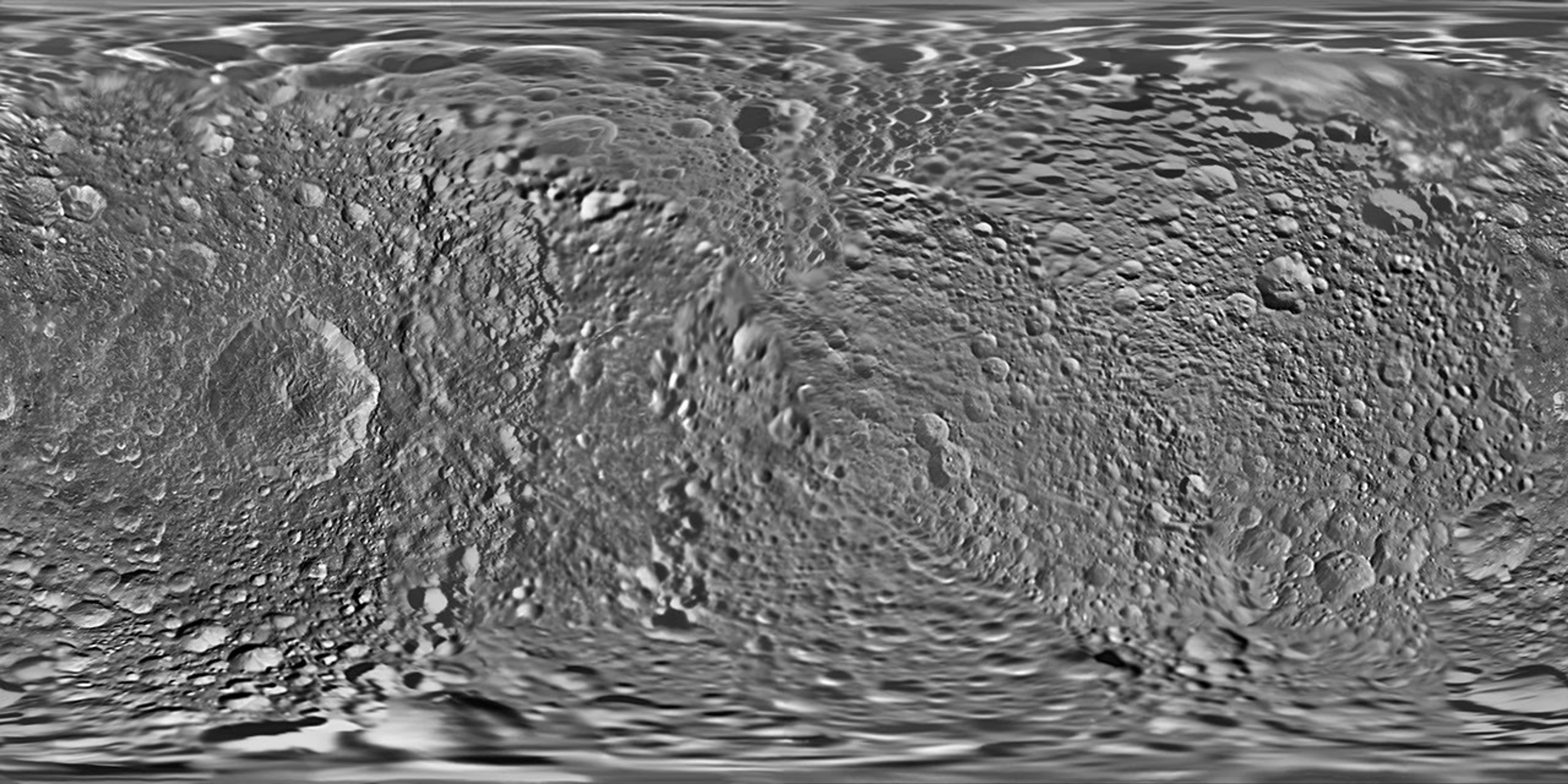 This global map of Saturn's moon Mimas was created using images taken during Cassini spacecraft flybys, with Voyager images filling in the gaps in Cassini's coverage.