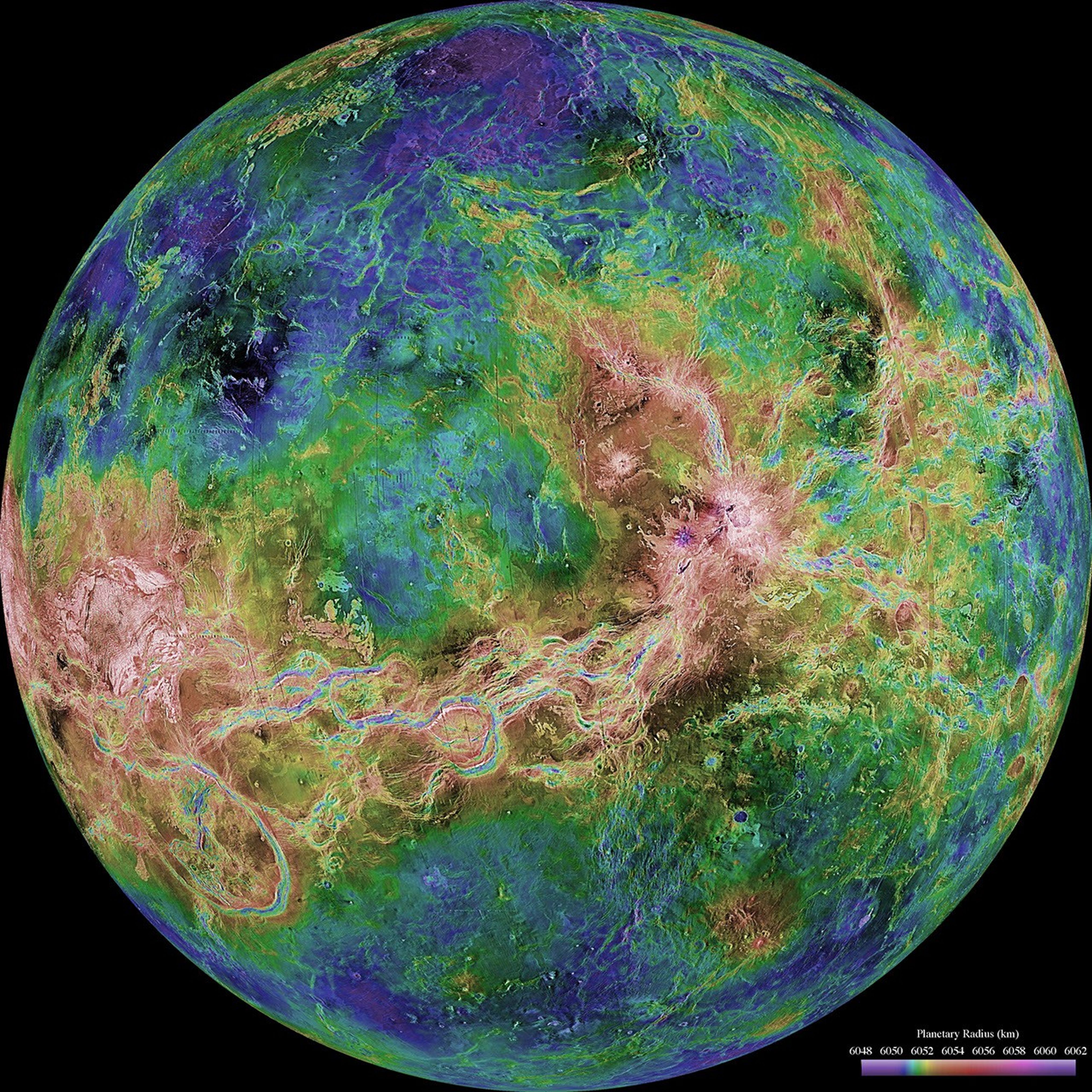 The hemispheric view of Venus, as revealed by more than a decade of radar investigations culminating in the 1990-1994 Magellan mission, is centered at 180 degrees east longitude.