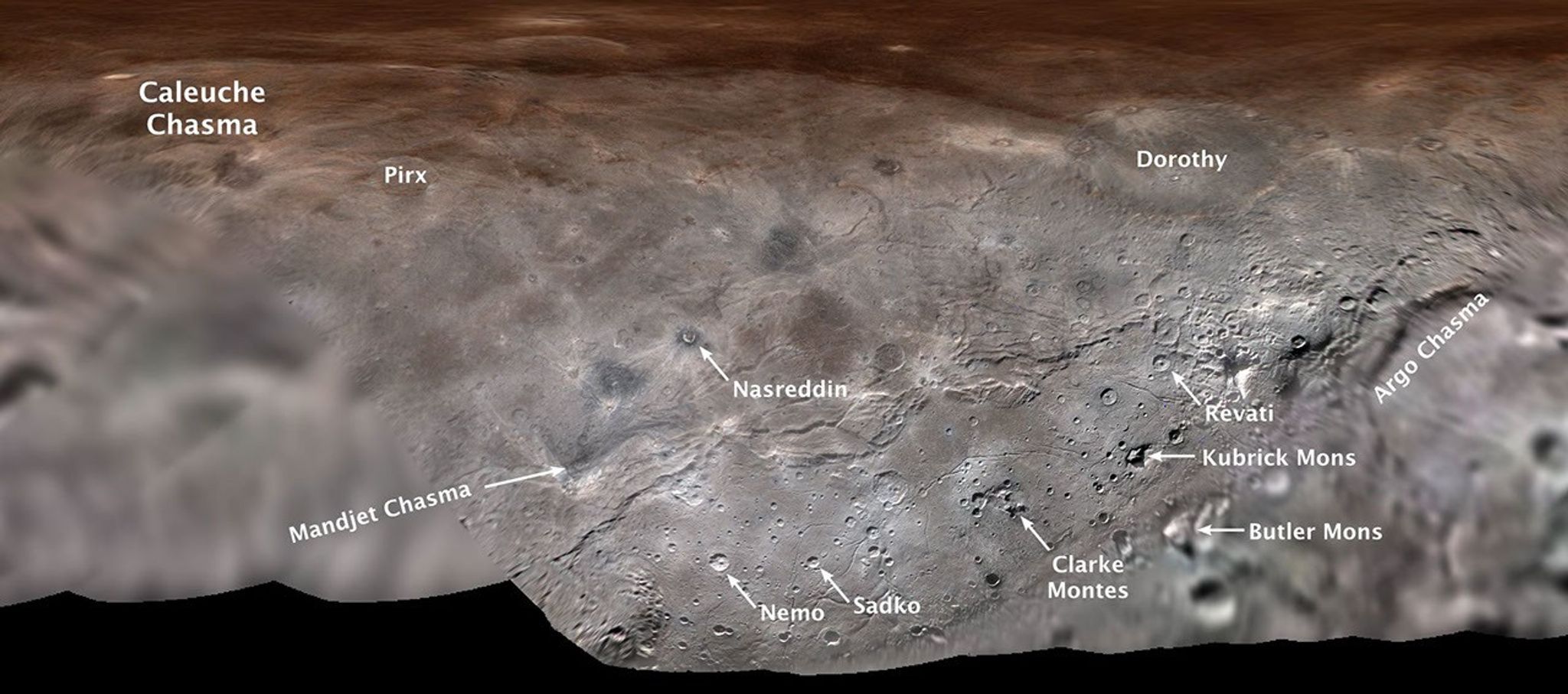 Flat map of Charon with feature names.