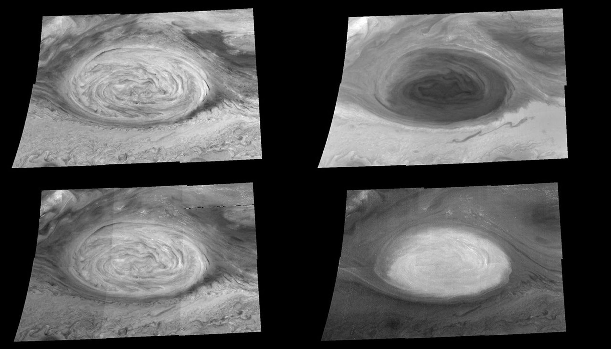 These mosaics (6 frames each) show the appearance of the Great Red Spot in infrared light (757 nanometers at upper left), violet light (415 nanometers at upper right), and infrared light within both a weak (732 nanometers at lower left) and a strong (886 nanometers at lower right) methane absorption band.