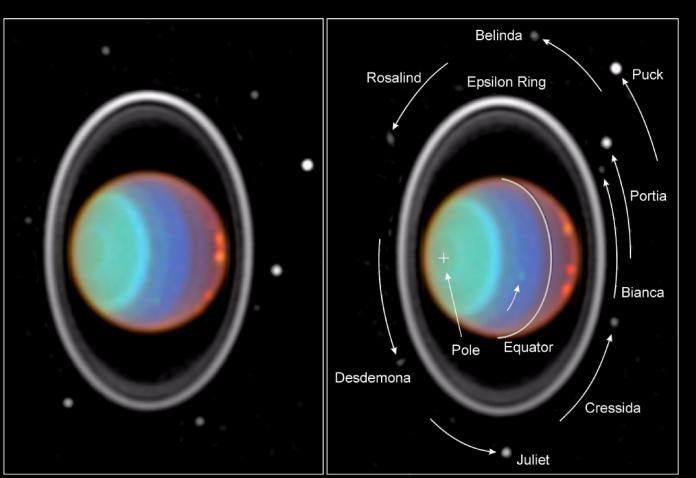 Taking its first peek at Uranus, NASA Hubble Space Telescope's Near Infrared Camera and Multi-Object Spectrometer (NICMOS) has detected six distinct clouds in images taken July 28, 1997.