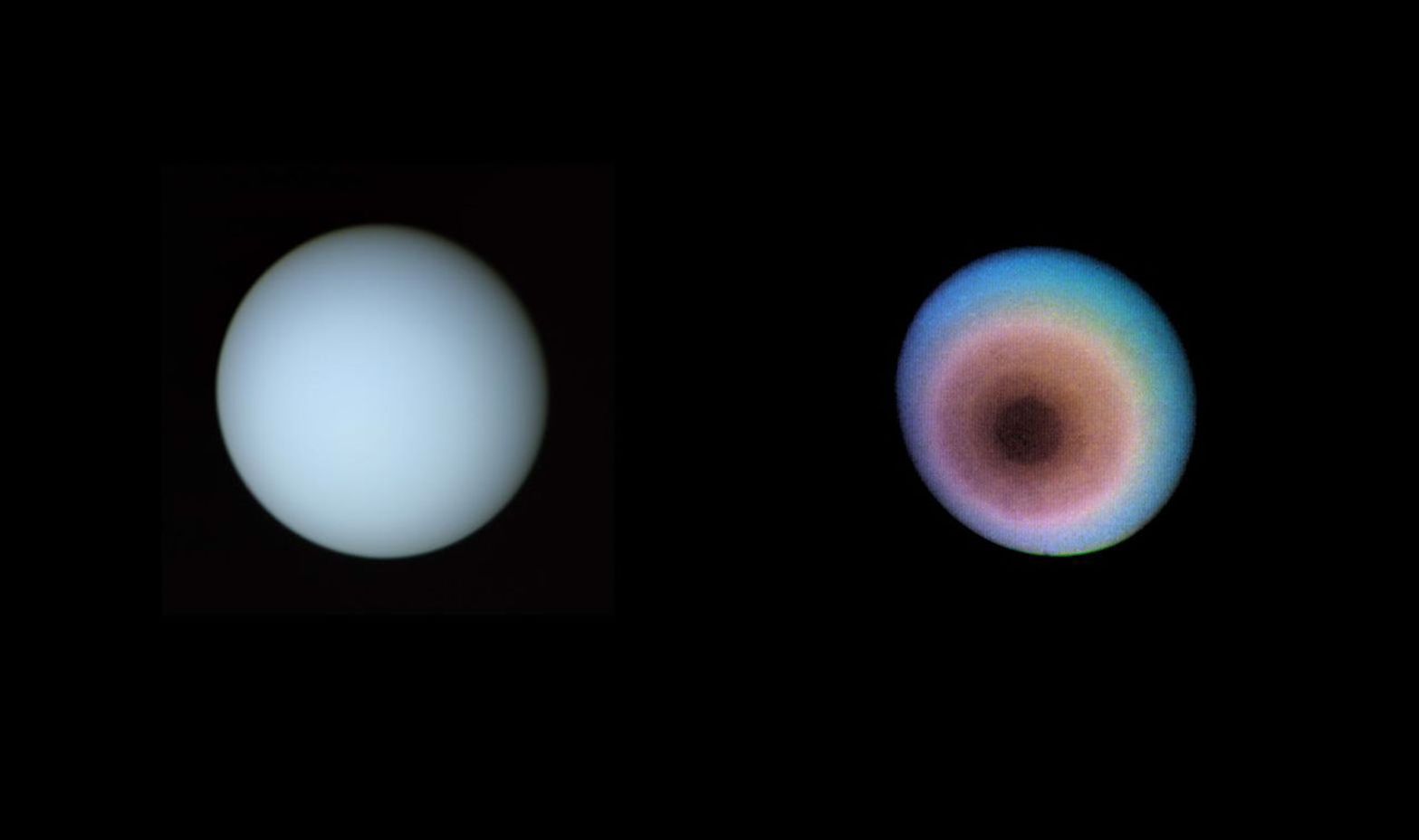 These two pictures of Uranus were compiled from images recorded by Voyager 2 on Jan. 10, 1986, when the NASA spacecraft was 18 million kilometers (11 million miles) from the planet.