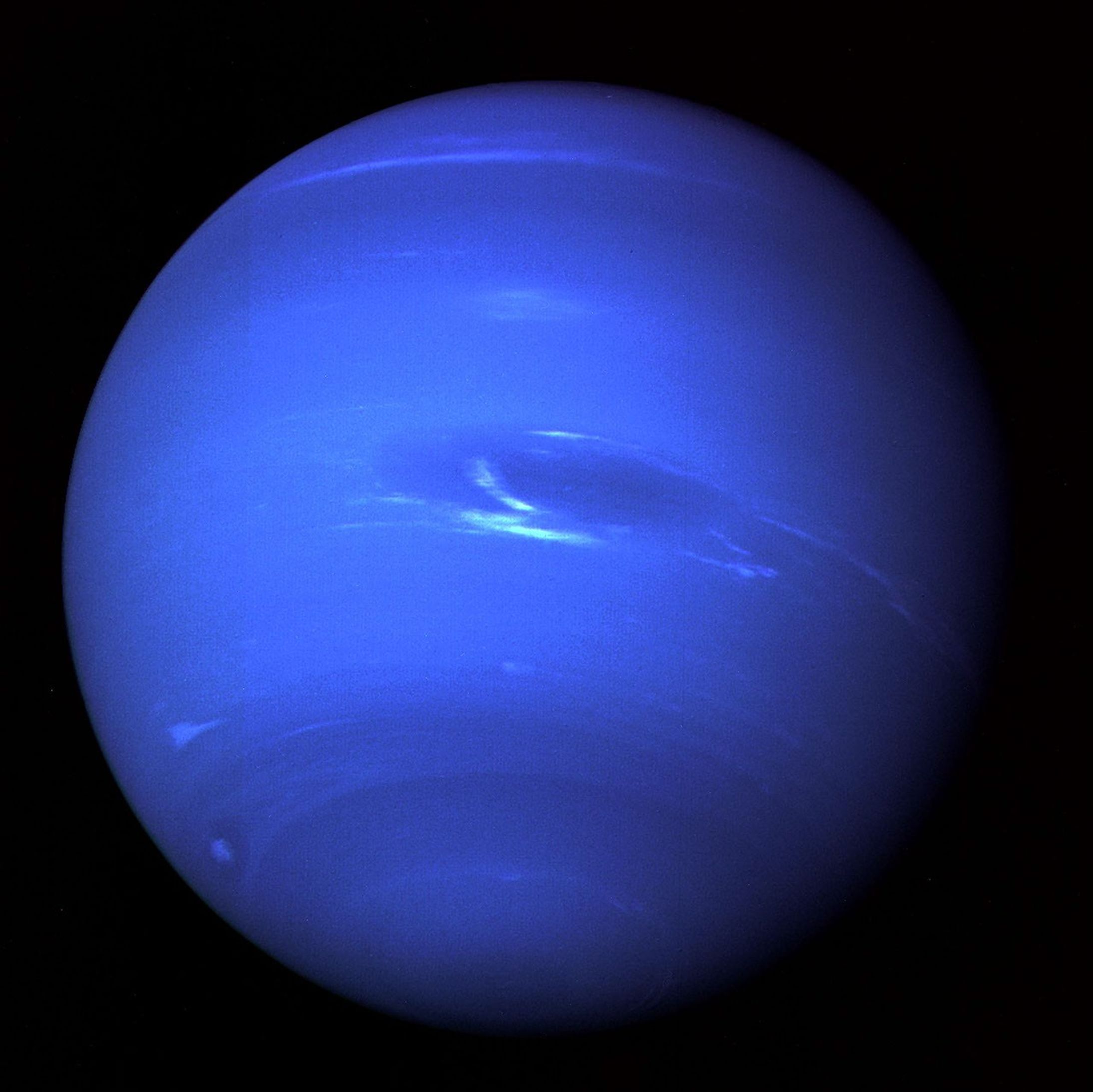 This picture of Neptune was produced from the last whole planet images taken through the green and orange filters on the Voyager 2 narrow angle camera.
