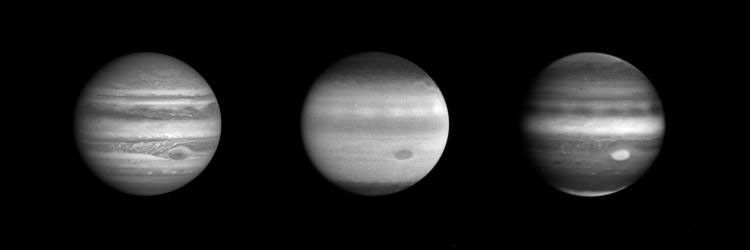 The image on the left was taken through the blue filter. The one in the middle was taken in the ultraviolet. The one on the right was taken in the near infrared.