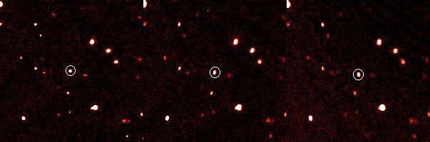 Three time-lapse images from Palomar Observatory taken on October 21 2003 showing a small bright dot moving against background stars, revealing the discovery of Eris