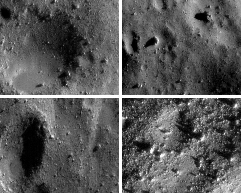 These four images are among thousands NEAR Shoemaker acquired during several low-altitude passes over Eros from January 25-28, 2001.